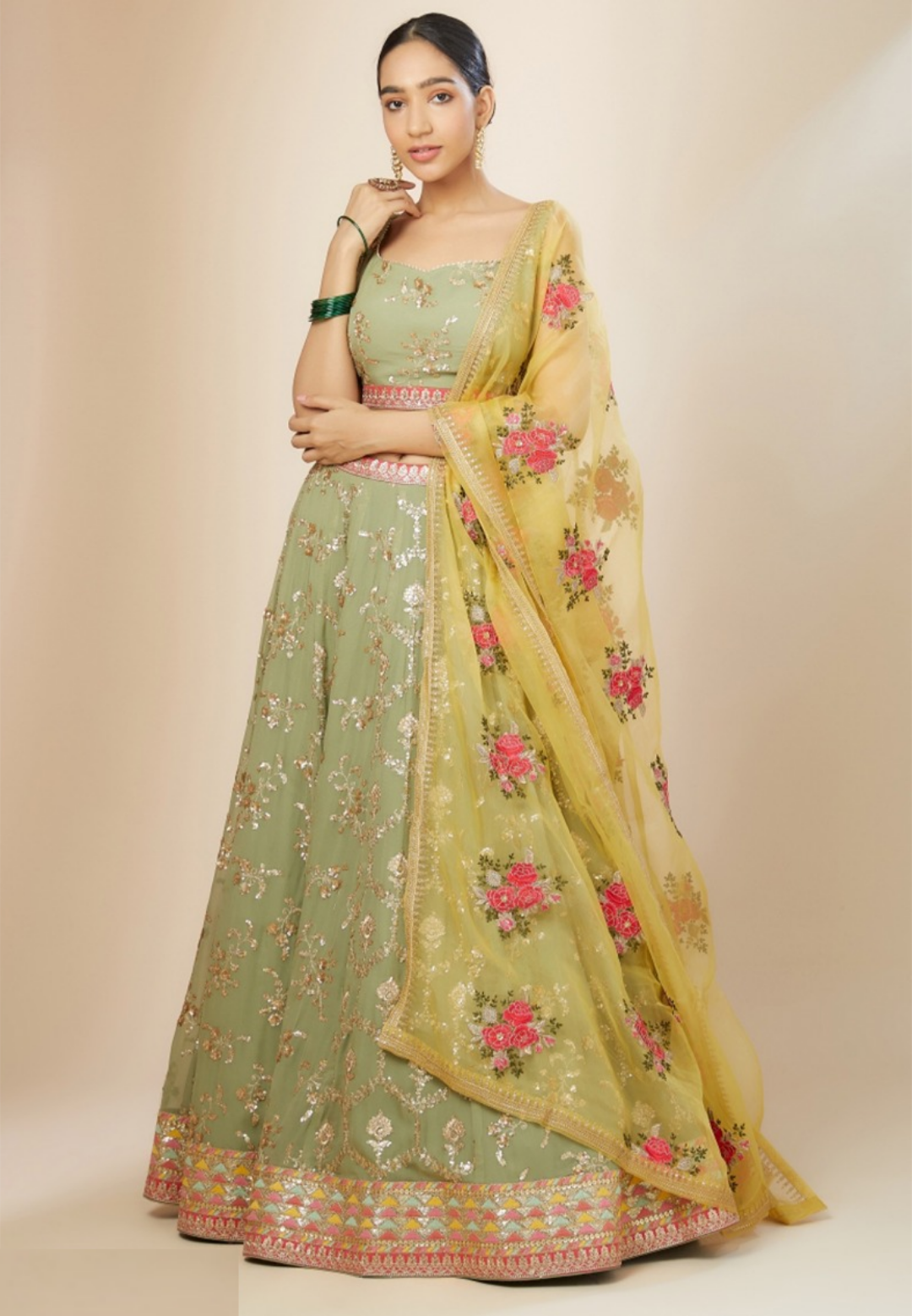 Women Sea Green Georgette Zari & Sequins Embroidery Work Digital Print Stylish Lehenga