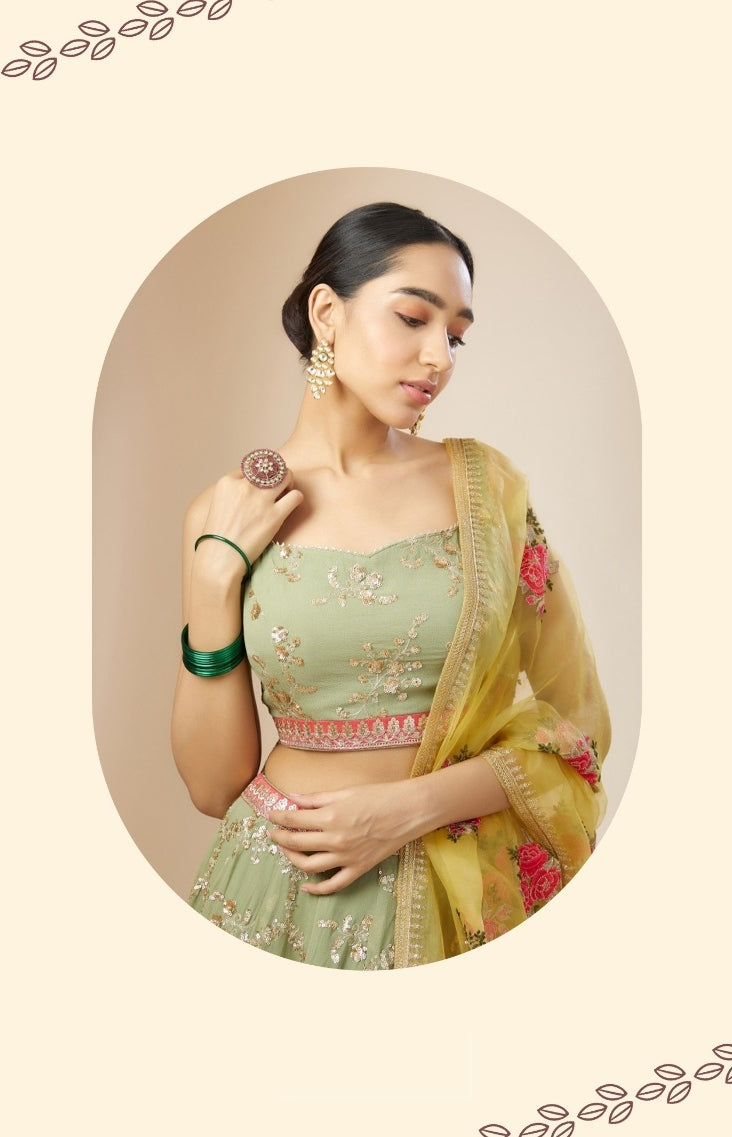 Women Sea Green Georgette Zari & Sequins Embroidery Work Digital Print Stylish Lehenga