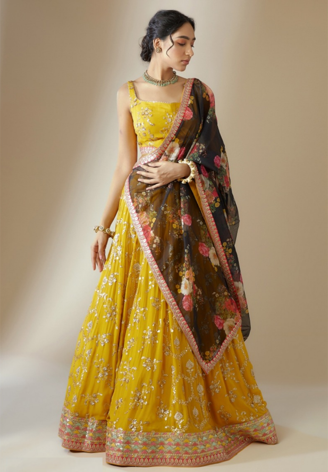 Women Yellow Georgette Zari & Sequins Embroidery Work Digital Print Stylish Lehenga