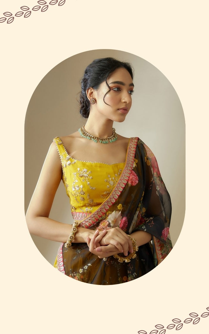 Women Yellow Georgette Zari & Sequins Embroidery Work Digital Print Stylish Lehenga