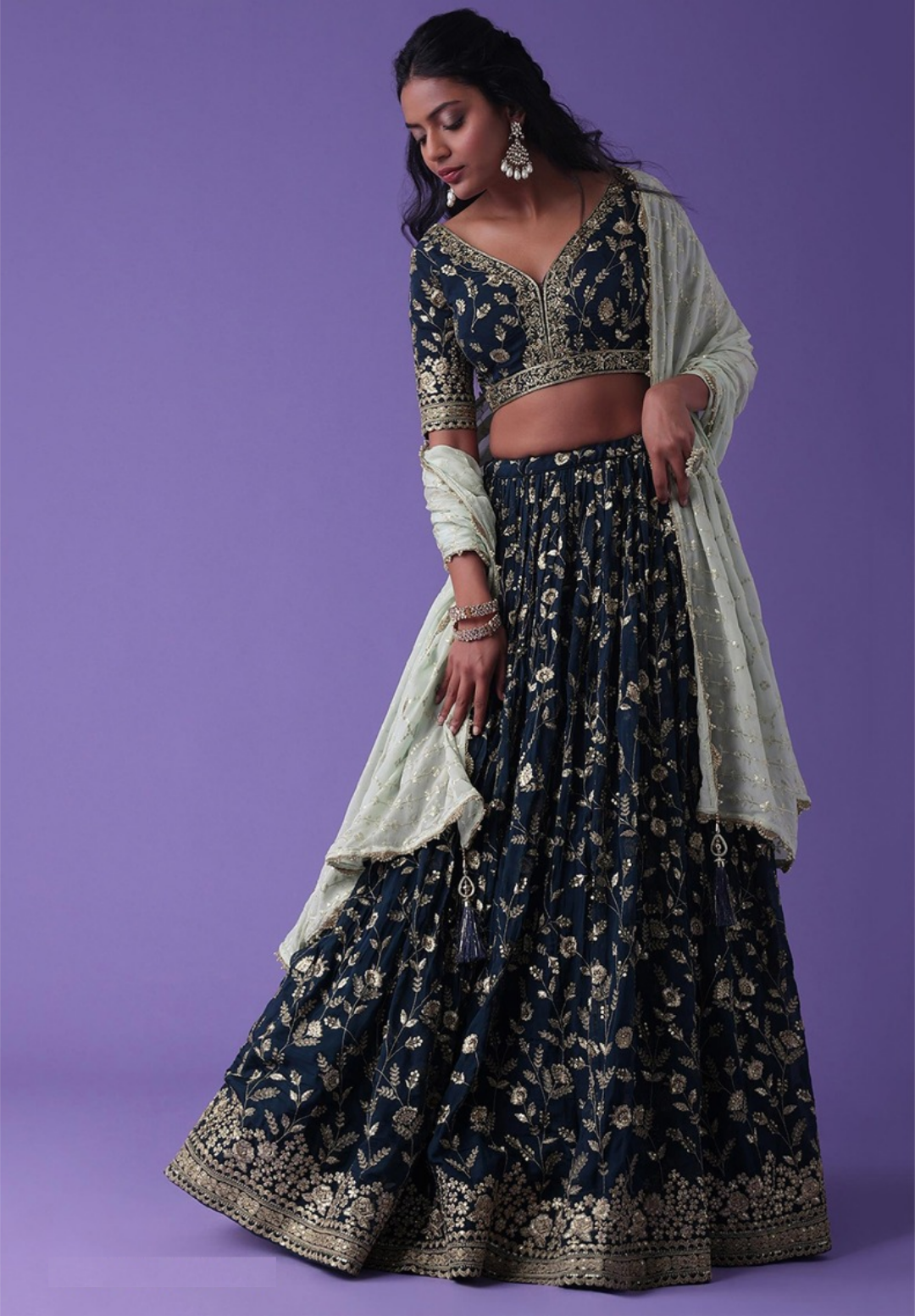 Women Navy Blue Georgette Zari & Sequins Embroidery Work Digital Print Stylish Lehenga