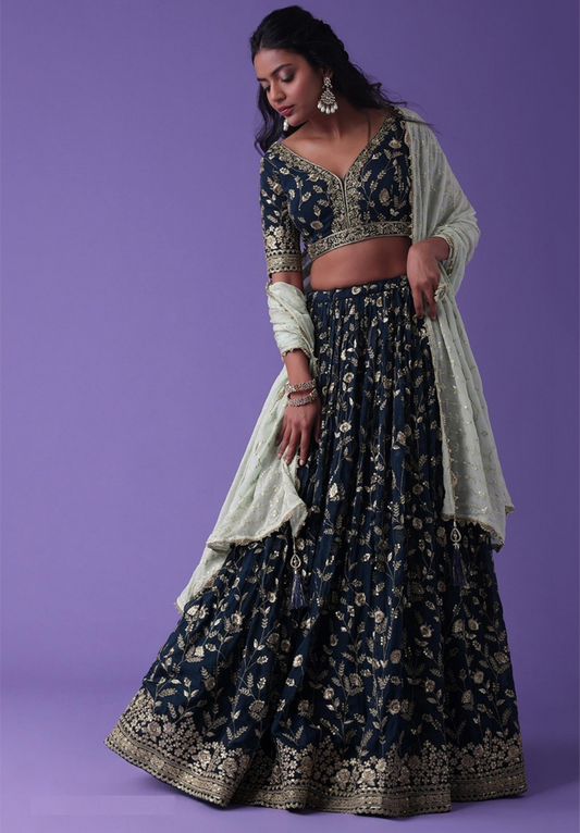 Women Navy Blue Georgette Zari & Sequins Embroidery Work Digital Print Stylish Lehenga