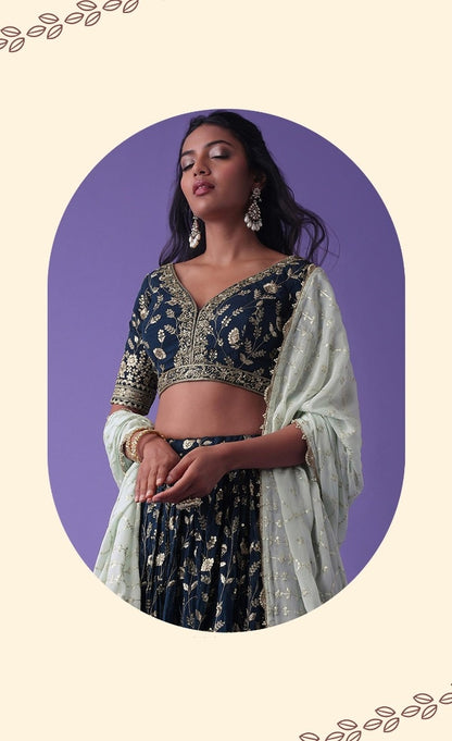 Women Navy Blue Georgette Zari & Sequins Embroidery Work Digital Print Stylish Lehenga