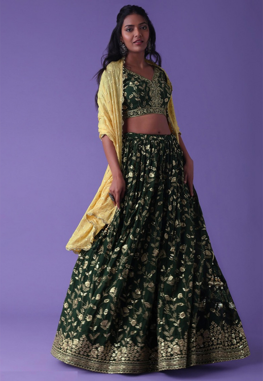Women Dark Green Georgette Zari & Sequins Embroidery Work Digital Print Stylish Lehenga