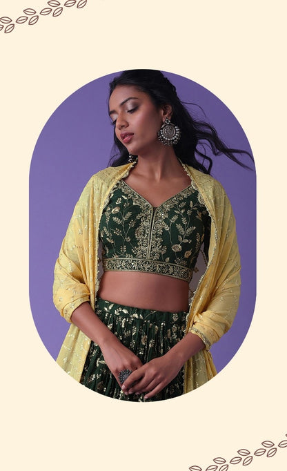 Women Dark Green Georgette Zari & Sequins Embroidery Work Digital Print Stylish Lehenga