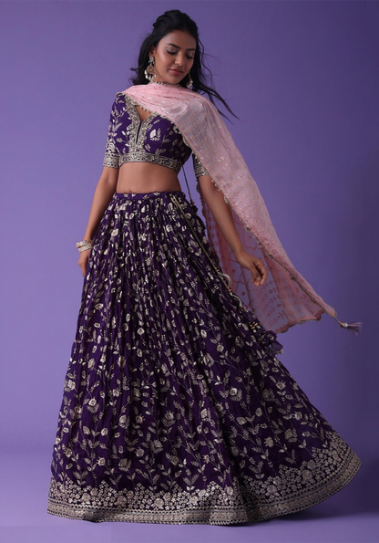 Women Purple Georgette Zari & Sequins Embroidery Work Digital Print Stylish Lehenga