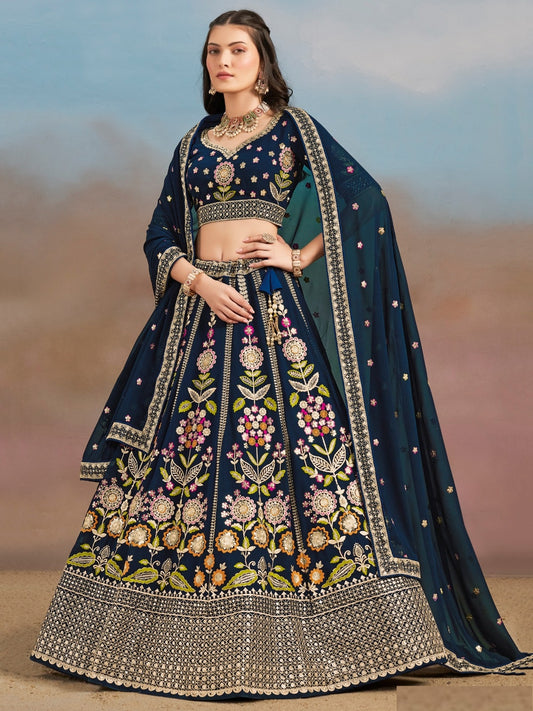 Women Blue Georgette Sequins Zari Dori & Embroidery Work Gliterring Lehenga