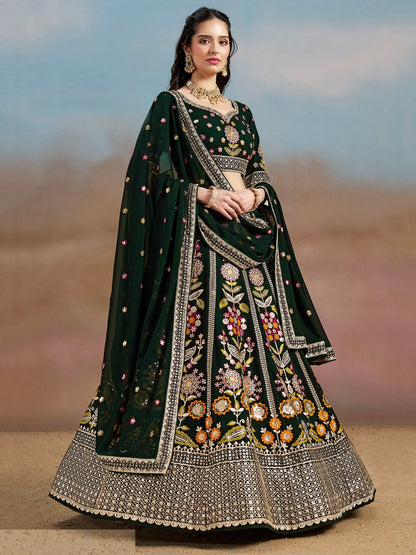 Women Green Georgette Sequins Zari Dori & Embroidery Work Gliterring Lehenga