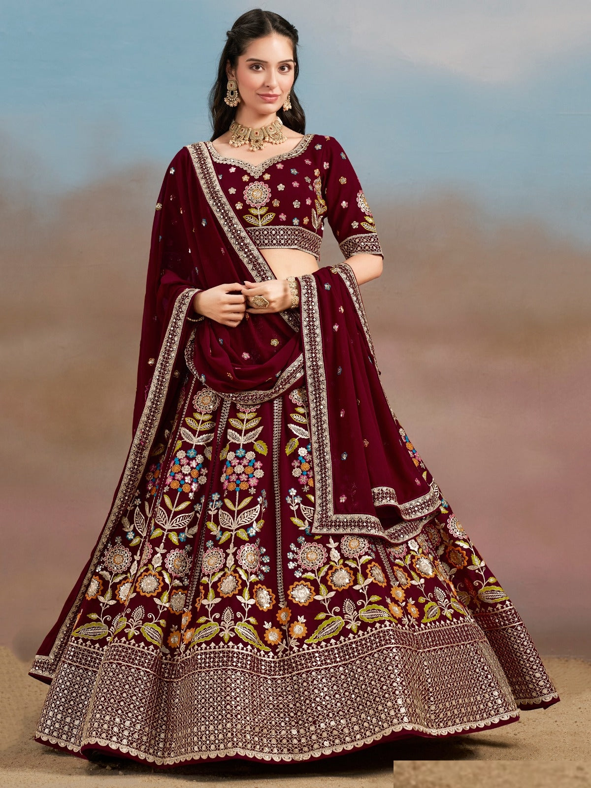 Women Maroon Georgette Sequins Zari Dori & Embroidery Work Gliterring Lehenga