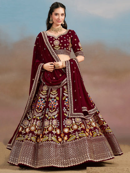 Women Maroon Georgette Sequins Zari Dori & Embroidery Work Gliterring Lehenga