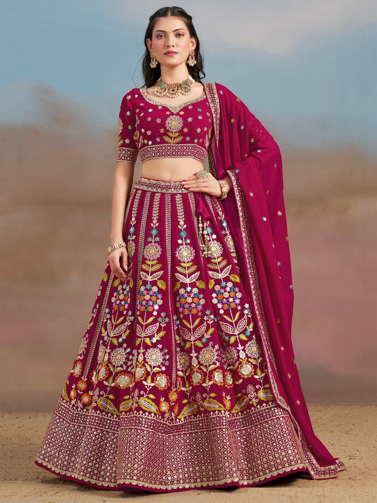 Women Pink Georgette Sequins Zari Dori & Embroidery Work Gliterring Lehenga