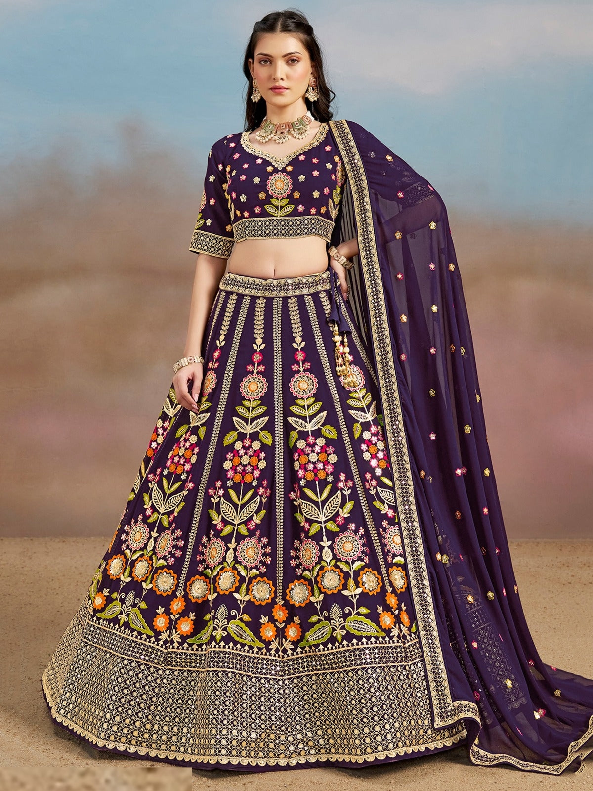 Women Purple Georgette Sequins Zari Dori & Embroidery Work Gliterring Lehenga