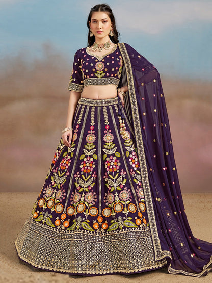 Women Purple Georgette Sequins Zari Dori & Embroidery Work Gliterring Lehenga