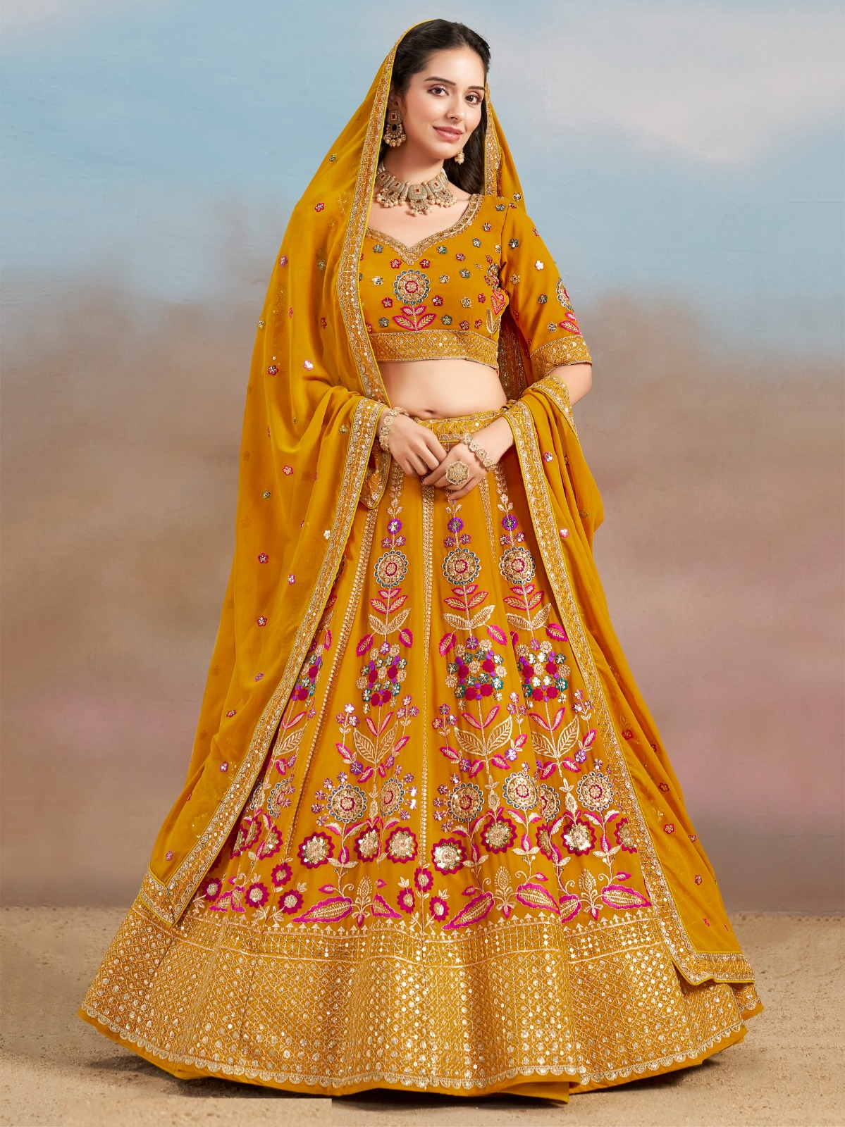 Women Yellow Georgette Sequins Zari Dori & Embroidery Work Gliterring Lehenga
