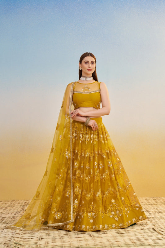 Breathtaking Mutard Net With Two Tone Coding Thread Sequin Embroidery Work Stylish Lehenga Set