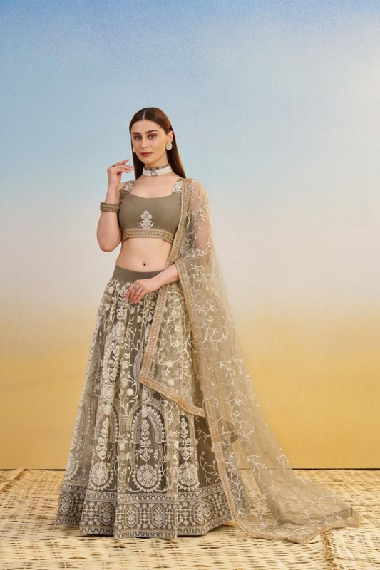 Gleaming Grey Net With Two Tone Coding Thread Sequin Embroidery Work Stylish Lehenga Set