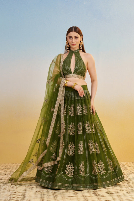 Opalescent Green Net With Two Tone Coding Thread Sequin Embroidery Work Stylish Lehenga Set