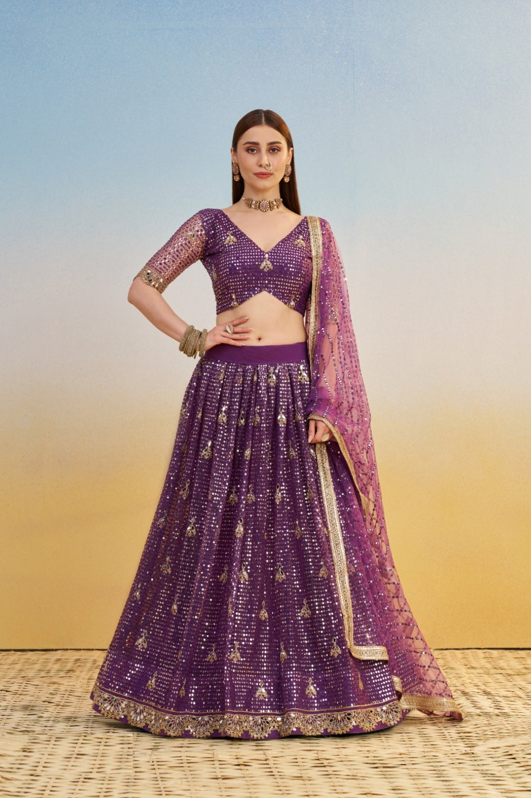 Luxe Purple Net With Two Tone Coding Thread Sequin Embroidery Work Stylish Lehenga Set