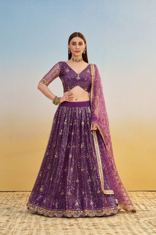 Luxe Purple Net With Two Tone Coding Thread Sequin Embroidery Work Stylish Lehenga Set