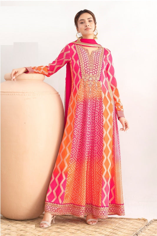 Women Pink Multi Chinnon Gown With Dupatta
