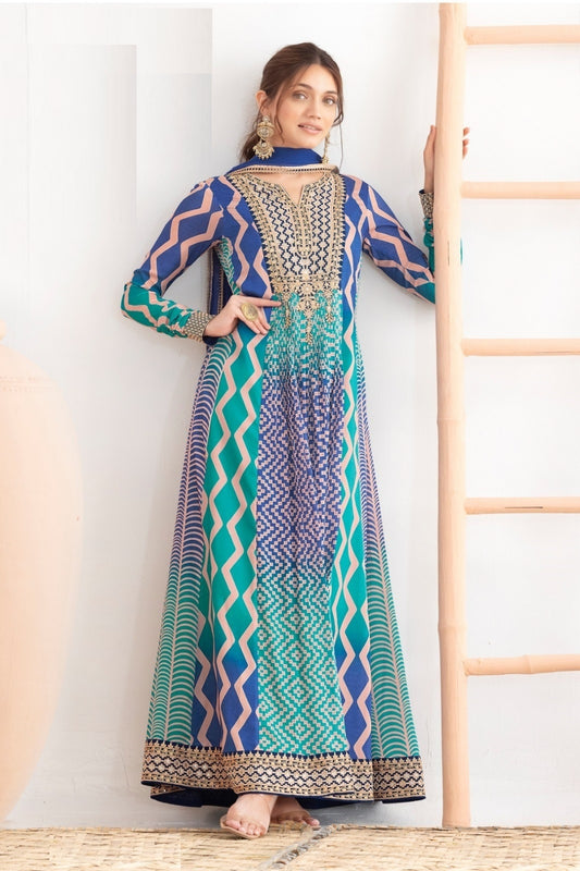 Women Green Multi Chinnon Gown With Dupatta