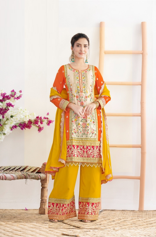 Women Orange Multi Chinnon Pant Bottom Suit Set