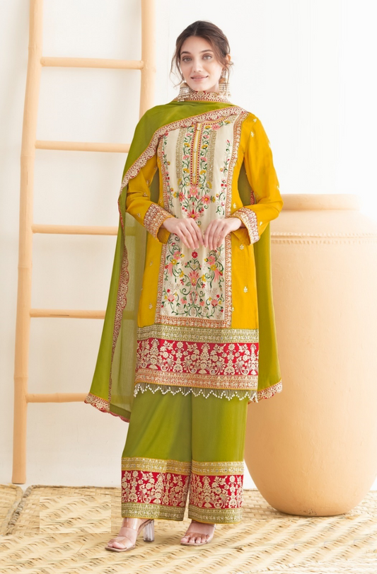 Women Mustard Multi Chinnon Pant Bottom Suit Set