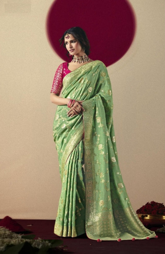 Spectacular Sea Green And Pink Banarasi Silk Saree