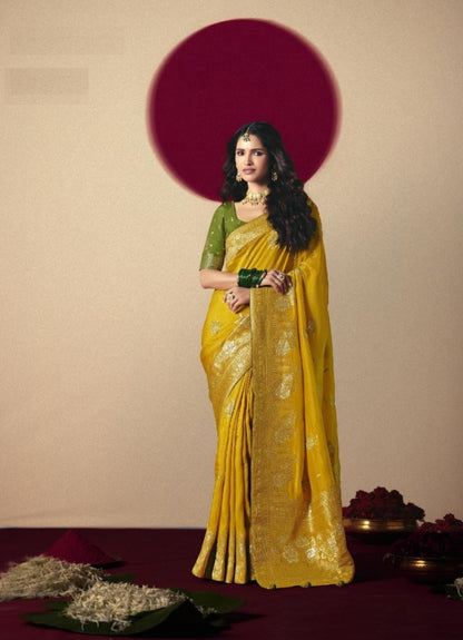 Pretty Yellow And Green Banarasi Silk Saree