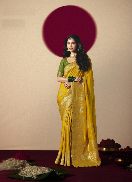Pretty Yellow And Green Banarasi Silk Saree