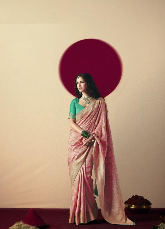 Charming Pink And Teal Banarasi Silk Saree