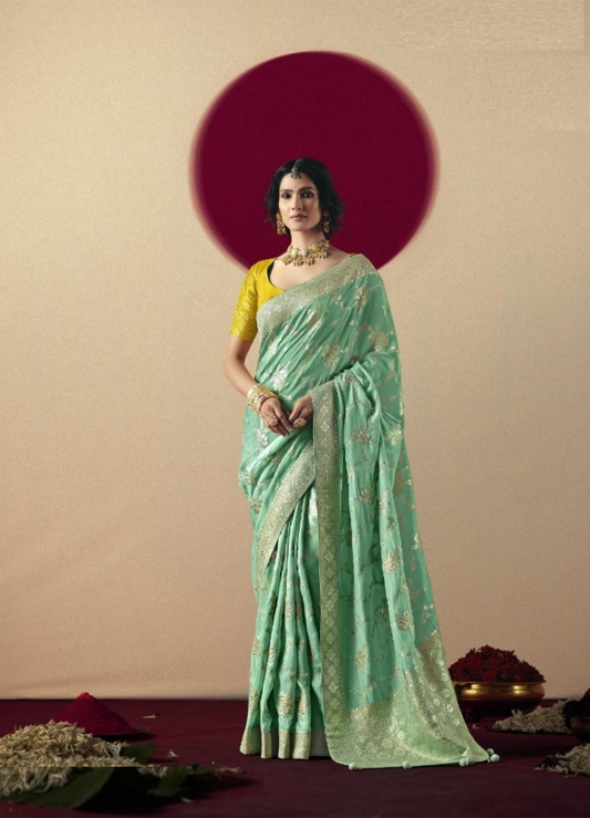 Comfy Sea Blue And Yellow Banarasi Silk Saree