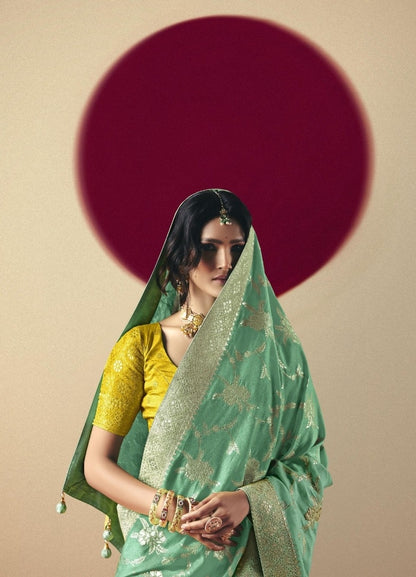 Comfy Sea Blue And Yellow Banarasi Silk Saree
