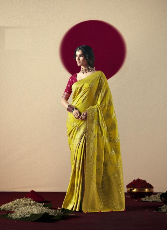 Chic Yellow And Pink Banarasi Silk Saree