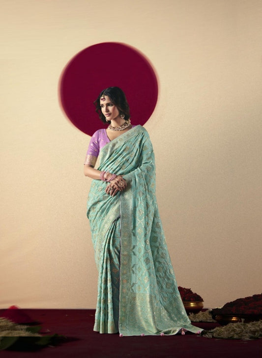 Elegant Blue And Purple Banarasi Silk Saree