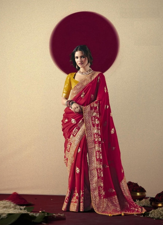 Timeless Maroon And Mustard Banarasi Silk Saree