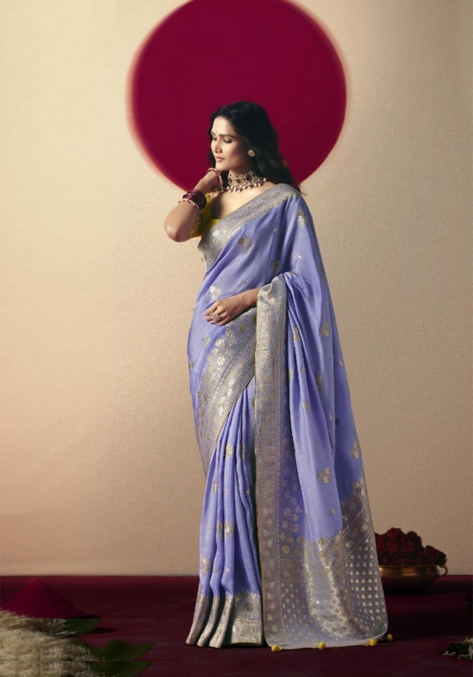 Sophisticated Lilac And Yellow Banarasi Silk Saree