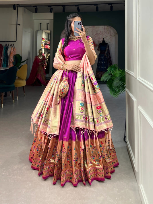 Flattering Purple Jacquard Paithani Silk Lehenga Set