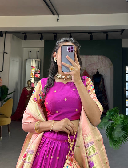 Flattering Purple Jacquard Paithani Silk Lehenga Set