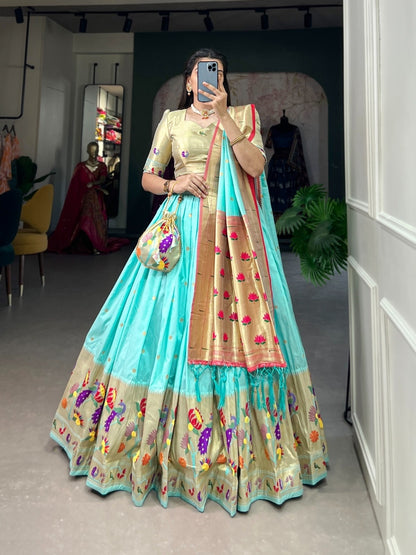 Sublime Sky Blue Jacquard Paithani Silk Lehenga Set