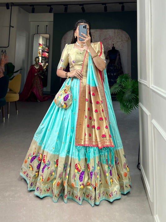 Sublime Sky Blue Jacquard Paithani Silk Lehenga Set