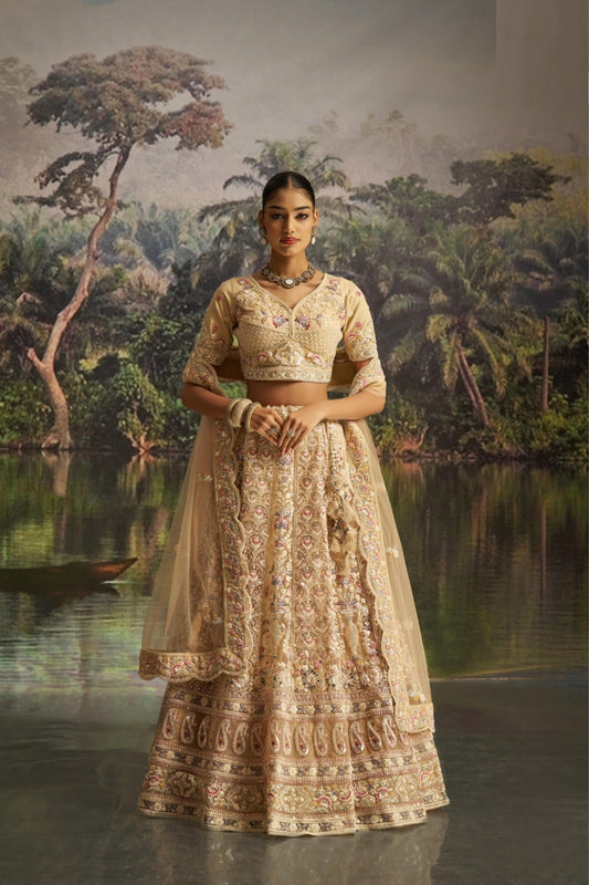 Breathtaking Light Beige Soft Net Bridal Lehenga Set