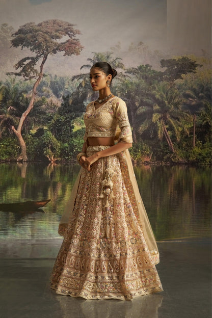Breathtaking Light Beige Soft Net Bridal Lehenga Set