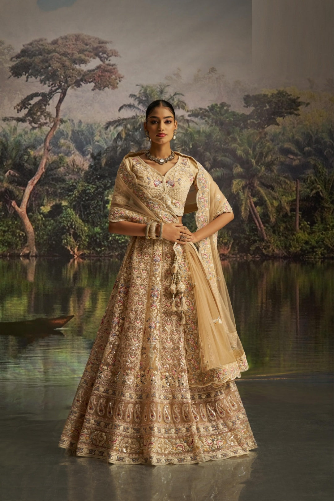 Breathtaking Light Beige Soft Net Bridal Lehenga Set