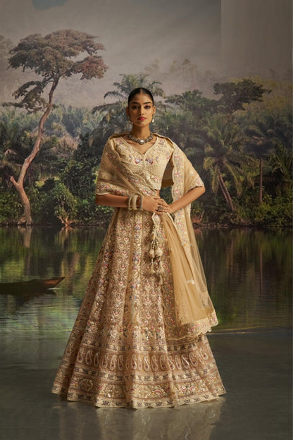 Breathtaking Light Beige Soft Net Bridal Lehenga Set