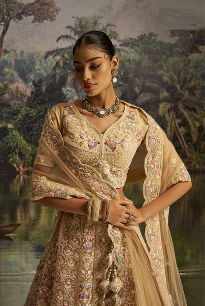 Breathtaking Light Beige Soft Net Bridal Lehenga Set