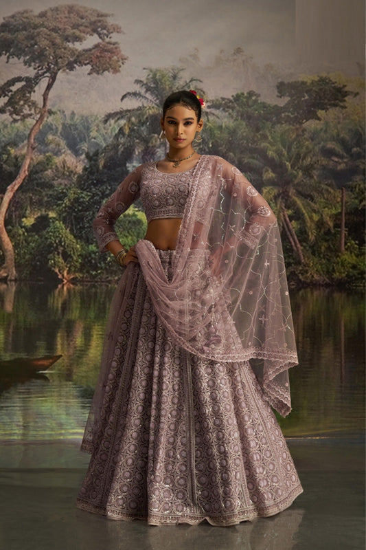 Gleaming Violet Soft Net Bridal Lehenga Set