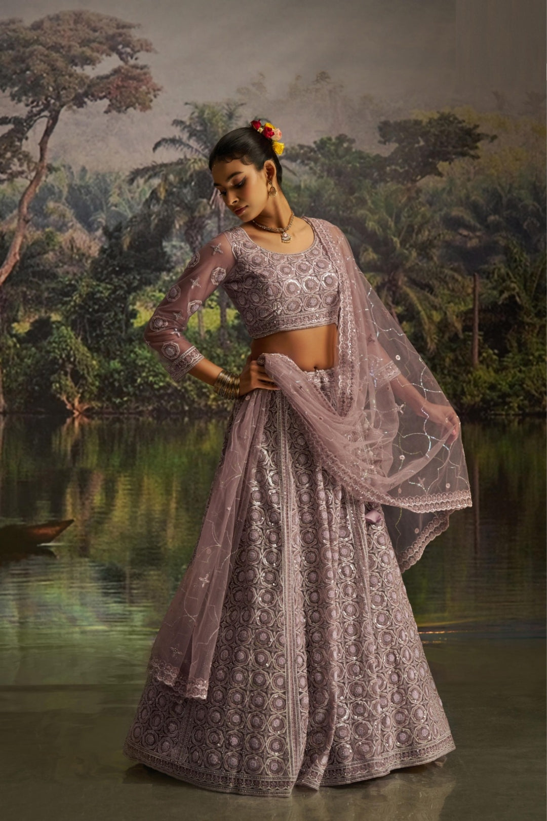 Gleaming Violet Soft Net Bridal Lehenga Set