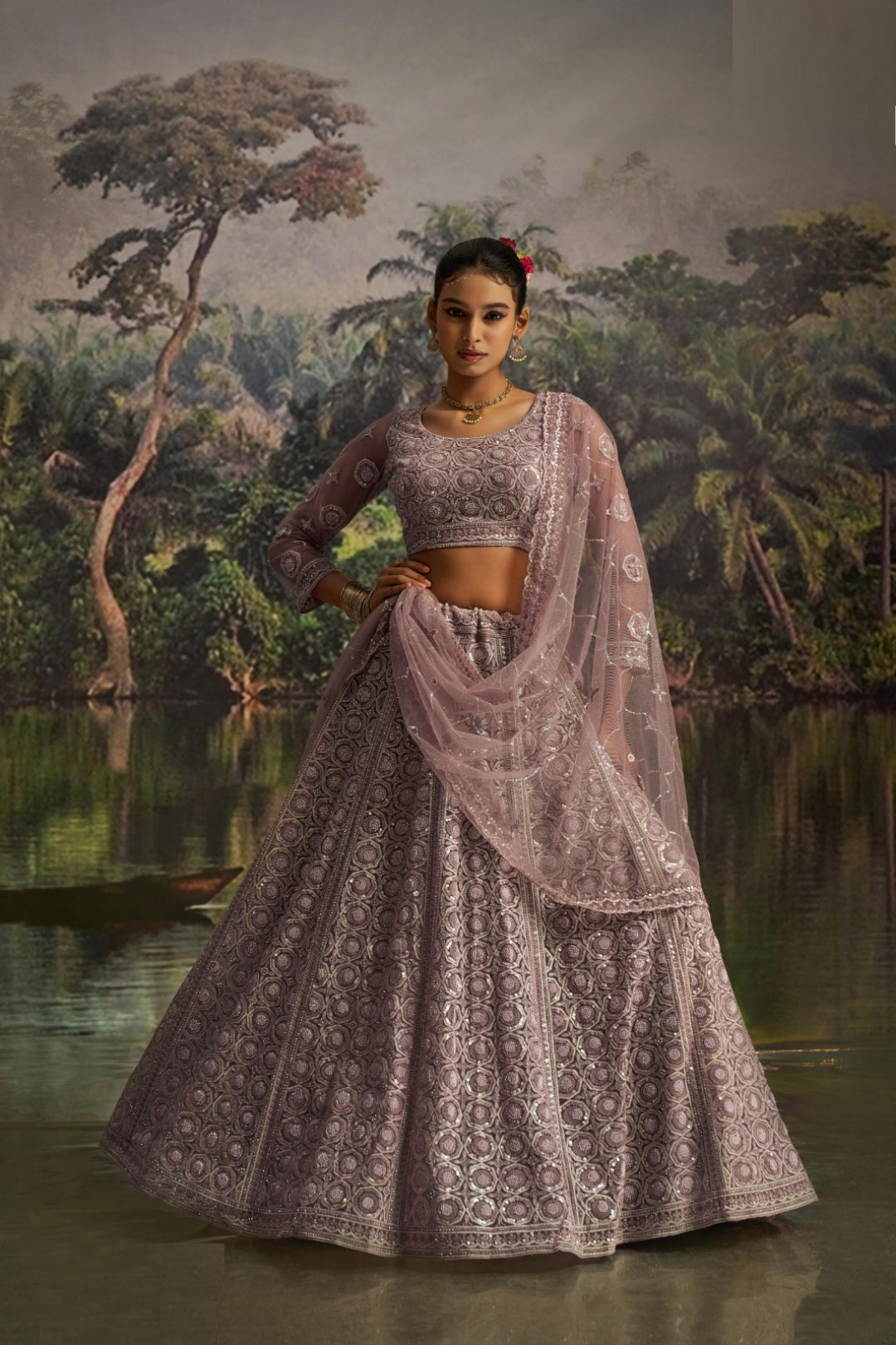 Gleaming Violet Soft Net Bridal Lehenga Set
