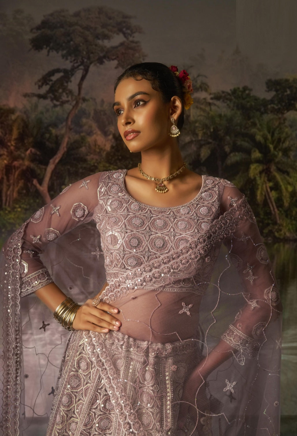 Gleaming Violet Soft Net Bridal Lehenga Set